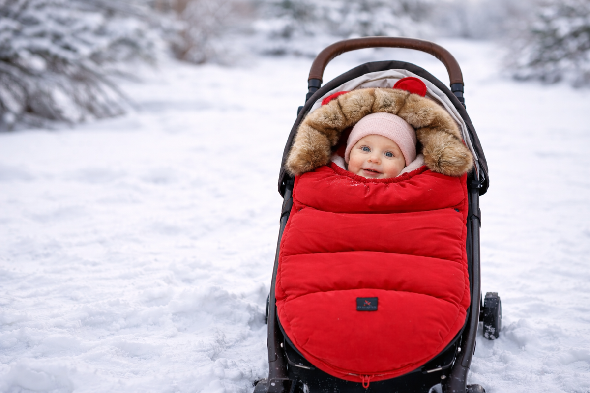 Baby im roten Fußsack bei einem Winterspaziergang – Motiv aus dem KUBLUX Shop